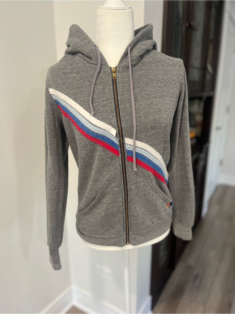 Aviator Nation Grey Zip Up 5 Stripe Red, White, Blue - Size Small - Picture 3 of 4